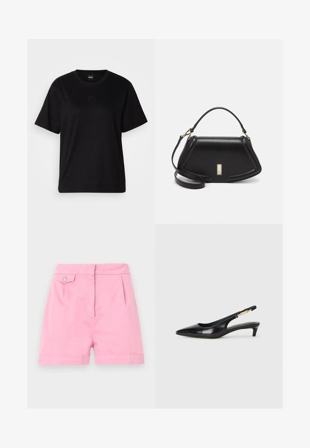 Czarny bawełniany t-shirt z okrągłym dekoltem, krótkimi rękawami i haftowanym logo na piersi. Prosty, luźny krój bez wzorów.; Różowe bawełniane szorty z płaskim przodem, subtelnymi plisami i pojedynczym guzikiem na pasku. Złożony margines na nogawkach.; Czarne skórzane szpilki typu slingback z ostrym noskiem, posiadające smukły obcas i złoty akcent na regulowanym pasku. Gładka tekstura.; Czarna skórzana torebka o strukturalnym designie, z przyciętą formą, górnym uchwytem i złotymi akcentami. W zestawie regulowany pasek na ramię.
