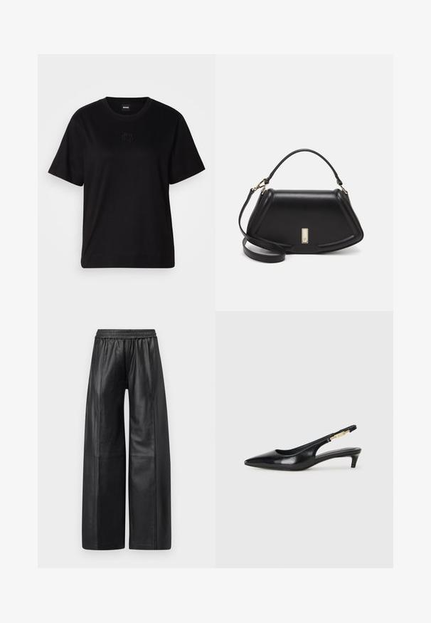 Juodas medvilninis marškinėliai su apvalia iškirpte, trumpomis rankovėmis ir siuvinėjimu ant krūtinės. Paprastas, laisvas siluetas be raštų.; Juodos odinės kelnes plačiomis kojomis su elastinga juosmeniu, su vertikaliomis siūlėmis, užtikrinančiomis pritaikytą fitą ir lygią tekstūrą visame kailyje.; Juodas odinis pavasario batelių modelis su smailiu nosiu, turintis siaurą kulniuką ir auksinės spalvos akcentu reguliuojamoje juostoje. Lygi tekstūra.; Juoda odinė rankinė su struktūrizuotu dizainu, turi trumpą formą, viršutinę rankeną ir auksinius akcentus. Pridėtas reguliuojamas peties diržas.