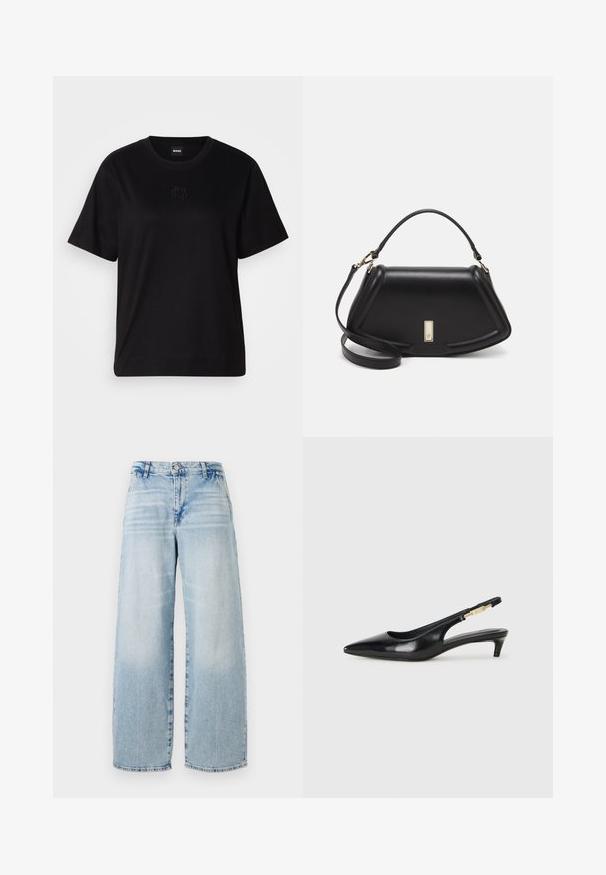 Black cotton t-shirt with a crew neckline, short sleeves, and an embroidered logo on the chest. Simple, relaxed fit with no patterns.; Light blue denim wide-leg jeans with a high waist, subtle whiskering effect, raw hem, and classic five-pocket design.; Black leather slingback heels with a pointed toe, featuring a slim heel and a gold-tone accent on the adjustable strap. Smooth texture.; Black leather handbag with a structured design, featuring a cropped shape, top handle, and gold hardware accent. Adjustable shoulder strap included.