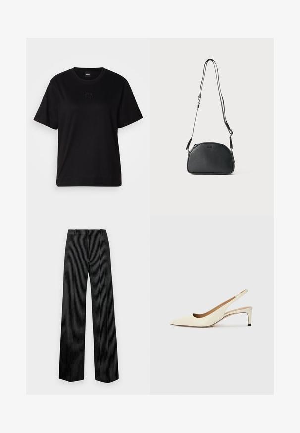 Melna kokvilnas T-krekls ar apaļu izgriezumu, īsām piedurknēm un izšūtu logotipu uz krūtīm. Vienkāršs, brīvs piegriezums bez rakstiem.; Melna plaša bikses ar baltām vertikālām svītrām. Aprīkotas ar gludu jostasvietu un taisnām apakšmalām, izgatavotas no gludas, vieglas auduma.; Asimtais pirksta siksnas kurpes off-white ādas, ar zemu papēdi un izgrieztu dizainu, gluda tekstūra un minimāli akcenti.; Melnas ādas plecu soma ar noapaļotu formu, divām regulējamām siksnām un smalku logotipu priekšpusē. Raksturīga ārējā virsma, minimālisma dizains.