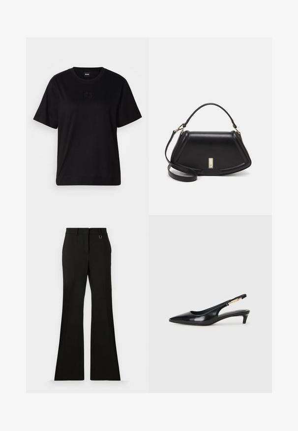 Zwarte katoenen t-shirt met een ronde hals, korte mouwen en een geborduurd logo op de borst. Eenvoudige, comfortabele pasvorm zonder patronen.; Zwarte uitlopende broek met een gladde textuur, voorzien van voorplooien, een strakke tailleband en een klein decoratief metalen accent.; Zwarte leren slingback hakken met een spitse neus, voorzien van een slanke hak en een goudkleurige accent op de verstelbare band. Gladde textuur.; Zwarte leren handtas met een gestructureerd ontwerp, featuring een verkorte vorm, bovenhandvat en gouden hardwareaccent. Inclusief verstelbare schouderband.