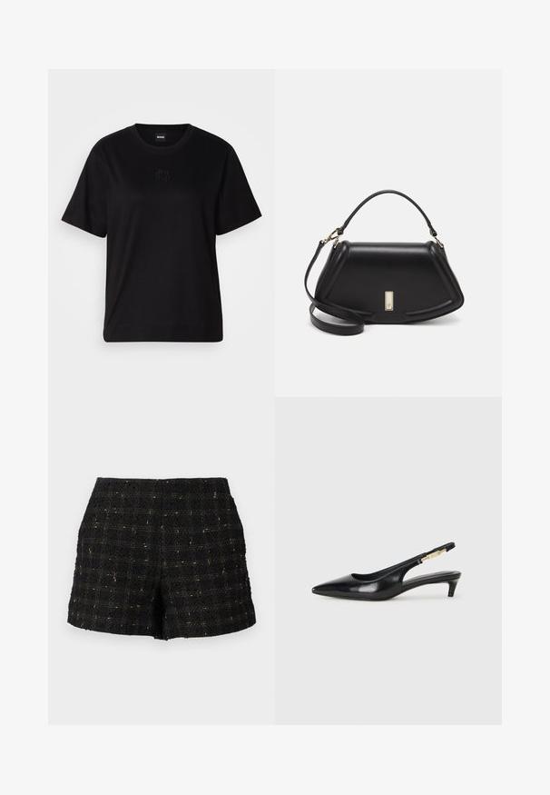 Melna kokvilnas T-krekls ar apaļu izgriezumu, īsām piedurknēm un izšūtu logotipu uz krūtīm. Vienkāršs, brīvs piegriezums bez rakstiem.; Melni svārki no tweed ar strukturētu virsmu, ar režģa rakstu zelta pavedieniem, pielāgota forma un vidēja augstuma josta.; Melnas ādas slingback zābaki ar smailu purngalu, ar šauru papēdi un zelta krāsas akcentu uz regulējama siksniņas. Gluda tekstūra.; Melnas ādas roku soma ar struktūru, ar īsu formu, augšējo rokturi un zelta aksesuāriem. Iekļauta regulējama plecu siksna.
