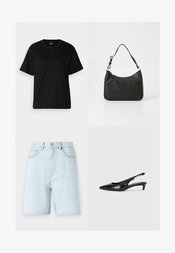 Čierne bavlnené tričko s okrúhlym výstrihom, krátkymi rukávmi a vyšívaným logom na hrudi. Jednoduchý, voľný strih bez vzorov.; Svetlomodré denimové šortky s vysokým pásom, dizajnom s piatimi vreckami a uzatváraním na mosadzný gombík. Majú jemné švy a surové okraje.; Čierne kožené slingback opätky s špicatou špičkou, s úzkym opätkom a zlatým detailom na nastaviteľnom remienku. Hladká textúra.; Čierna kožená kabelka s oblým tvarom, jediným popruhom, zipsom a nenápadným logom na prednej strane. Hladká textúra, minimalistický dizajn.