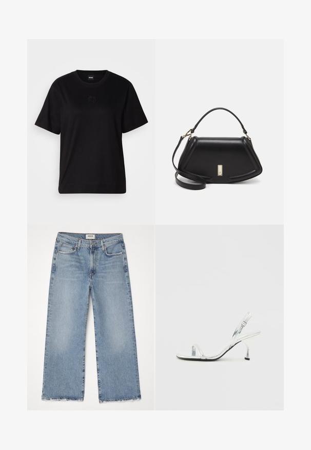 Svart bomull T-skjorte med rund hals, korte ermer og et brodert logo på brystet. Enkel, avslappet passform uten mønstre.; Agolde HARPER CROP - Wide leg - blue; Sølv patentlær slingback høyhælt sandal med en smal tårem, justerbar spenne og en slank hæl.; Sort lærveske med en strukturert design, som har en avkortet form, topphåndtak og detaljer i gull. Justerbar skulderstropp inkludert.