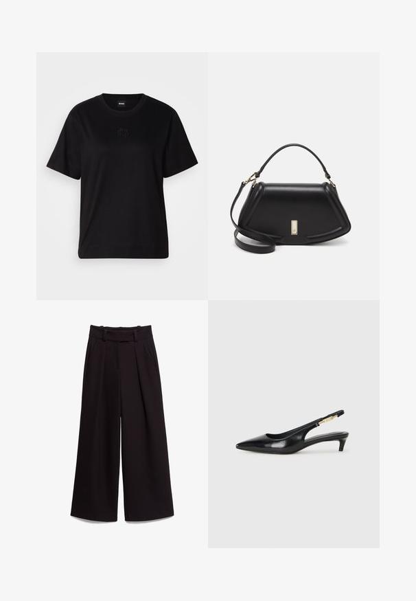 T-shirt negru din bumbac, cu guler rotund, mâneci scurte și un logo brodat pe piept. Design simplu, cu o croială relaxată și fără modele.; Pantaloni negri cu pantaloni largi dintr-un material neted, având talie înaltă, bucle pentru curea și două buzunare frontale. Designul pliat adaugă textură.; Sandale slingback din piele neagră cu vârf ascuțit, având un toc subțire și un accent de culoare aurie pe curea ajustabilă. Textură netedă.; Geantă de umăr din piele neagră, cu un design structurat, având o formă tăiată, mânere superioare și accente din aur. Include o curea de umăr ajustabilă.