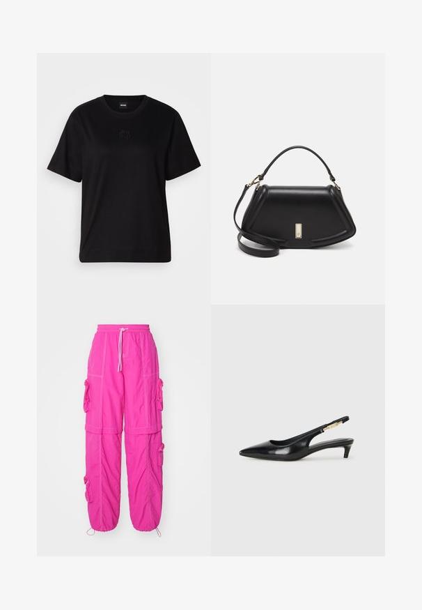 Black cotton t-shirt with a crew neckline, short sleeves, and an embroidered logo on the chest. Simple, relaxed fit with no patterns.; HUGO HALELUL - Cargo trousers - bright pink; Black leather slingback heels with a pointed toe, featuring a slim heel and a gold-tone accent on the adjustable strap. Smooth texture.; Black leather handbag with a structured design, featuring a cropped shape, top handle, and gold hardware accent. Adjustable shoulder strap included.
