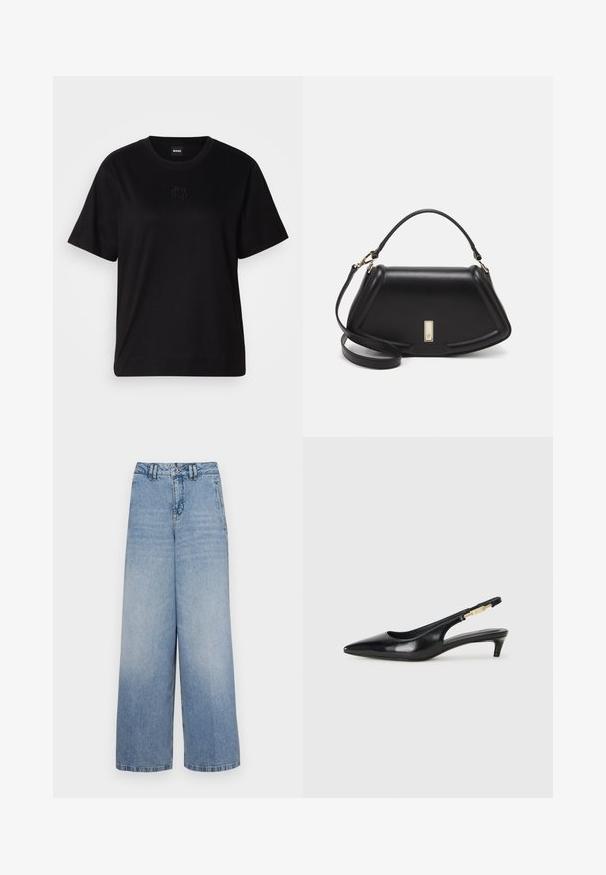 Black cotton t-shirt with a crew neckline, short sleeves, and an embroidered logo on the chest. Simple, relaxed fit with no patterns.; Light blue wide-leg jeans with a high waist, made from denim. Features five pockets and a button closure. Faded wash with a smooth texture.; Black leather slingback heels with a pointed toe, featuring a slim heel and a gold-tone accent on the adjustable strap. Smooth texture.; Black leather handbag with a structured design, featuring a cropped shape, top handle, and gold hardware accent. Adjustable shoulder strap included.