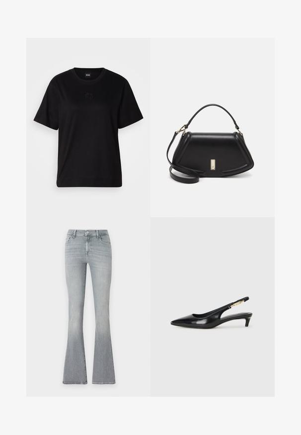 Black cotton t-shirt with a crew neckline, short sleeves, and an embroidered logo on the chest. Simple, relaxed fit with no patterns.; Flared jeans in light grey denim. High-waisted, with a subtle fade from top to hem. Classic five-pocket design and metal button closure.; Black leather slingback heels with a pointed toe, featuring a slim heel and a gold-tone accent on the adjustable strap. Smooth texture.; Black leather handbag with a structured design, featuring a cropped shape, top handle, and gold hardware accent. Adjustable shoulder strap included.