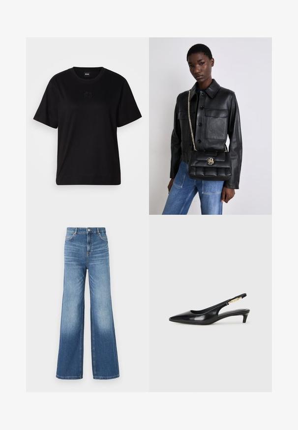 Black cotton t-shirt with a crew neckline, short sleeves, and an embroidered logo on the chest. Simple, relaxed fit with no patterns.; Light blue denim wide-leg jeans with a high waistband, featuring five pockets, belt loops, and a subtle fade effect towards the hem.; Black leather slingback heels with a pointed toe, featuring a slim heel and a gold-tone accent on the adjustable strap. Smooth texture.; Black leather jacket with button closure and two front pockets, paired with a black quilted handbag featuring a gold clasp and chain strap.