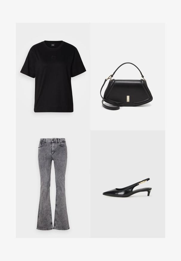 Černé bavlněné tričko s kulatým výstřihem, krátkými rukávy a vyšitým logem na hrudi. Jednoduchý, volný střih bez vzorů.; Rozšířené černé džíny z denimu s vybledlým umytím, které mají pět kapes, zipový poklopec a kontrastní švy podél švů.; Černé kožené boty na podpatku s otevřenou patou a špičatou špičkou, s tenkým podpatkem a zlatým akcentem na nastavitelném pásku. Hladký povrch.; Černá kožená kabelka se strukturovaným designem, jejíž tvar je zkrácený, má horní rukojeť a zlaté kovové detaily. Součástí je i nastavitelný ramenní popruh.