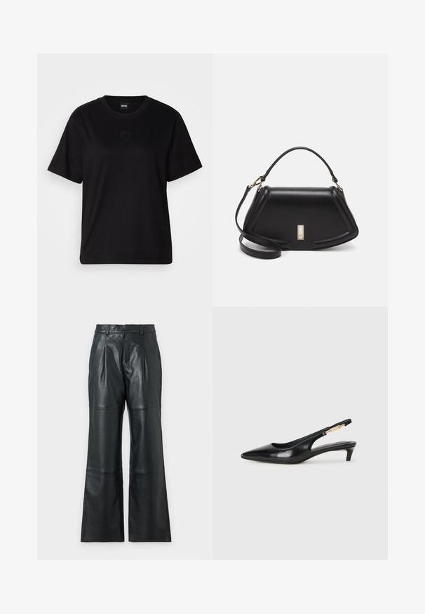 Black cotton t-shirt with a crew neckline, short sleeves, and an embroidered logo on the chest. Simple, relaxed fit with no patterns.; JOOP! LORENA - Leather trousers - black; Black leather slingback heels with a pointed toe, featuring a slim heel and a gold-tone accent on the adjustable strap. Smooth texture.; Black leather handbag with a structured design, featuring a cropped shape, top handle, and gold hardware accent. Adjustable shoulder strap included.
