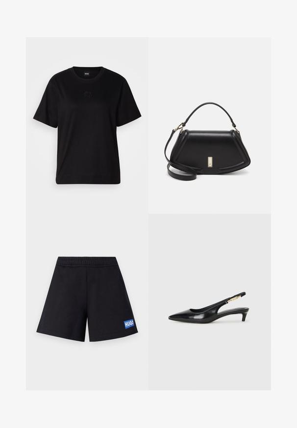 Juodas medvilninis marškinėliai su apvalia iškirpte, trumpomis rankovėmis ir siuvinėjimu ant krūtinės. Paprastas, laisvas siluetas be raštų.; Juoda kelnės su atsipalaidavusiu siluetu, elastinga juosmens juosta ir mėlynu "HUGO" logotipu ant kairiojo šlaunies; pagamintos iš minkštos, kvėpuojančios medžiagos.; Juodas odinis pavasario batelių modelis su smailiu nosiu, turintis siaurą kulniuką ir auksinės spalvos akcentu reguliuojamoje juostoje. Lygi tekstūra.; Juoda odinė rankinė su struktūrizuotu dizainu, turi trumpą formą, viršutinę rankeną ir auksinius akcentus. Pridėtas reguliuojamas peties diržas.