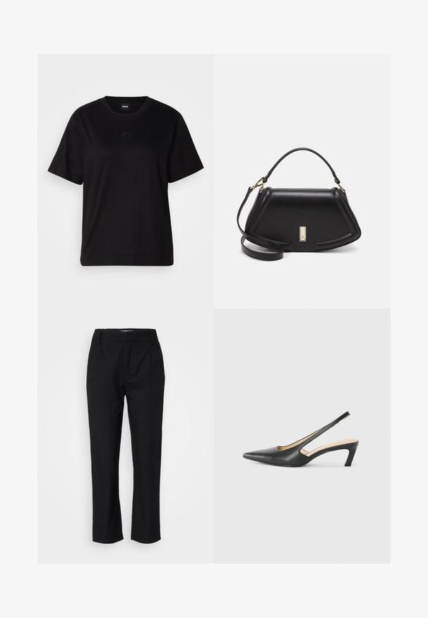 Black cotton t-shirt with a crew neckline, short sleeves, and an embroidered logo on the chest. Simple, relaxed fit with no patterns.; Black trousers in a smooth fabric, featuring a straight-leg cut, front pleats, and an elastic waistband for comfort. No visible hardware.; Black pointy-toed slingback shoe with a low heel, featuring smooth leather material and cut-out design on the side for breathability.; Black leather handbag with a structured design, featuring a cropped shape, top handle, and gold hardware accent. Adjustable shoulder strap included.