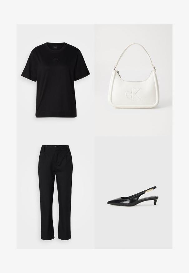 T-shirt en coton noir avec un col rond, des manches courtes et un logo brodé sur la poitrine. Coupe simple et décontractée sans motifs.; Pantalon noir en tissu lisse, avec une coupe droite, des plis sur le devant et une taille élastique pour le confort. Pas de matériel visible.; Talons hauts en cuir noir avec un bout pointu, dotés d'un talon fin et d'un accent en ton or sur la lanière réglable. Texture lisse.; Sac à main en cuir blanc avec une forme courbée, arborant un logo "CK" embossé à l'avant et une seule bandoulière. Fermeture à glissière en haut.