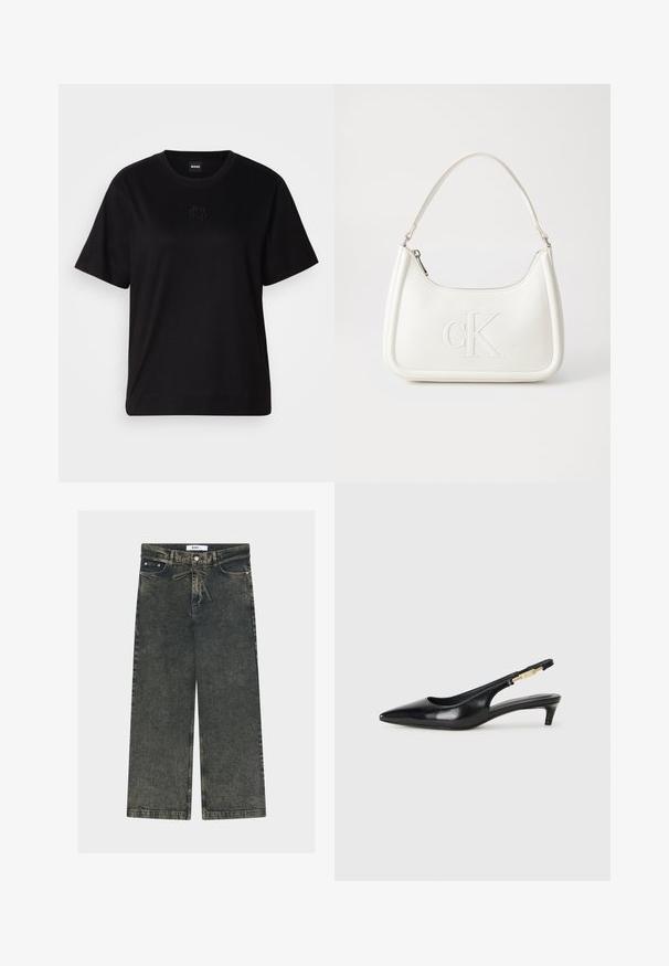 T-shirt de algodão preto com decote redondo, mangas curtas e um logótipo bordado no peito. Corte simples e descontraído, sem padrões.; Calças jeans de perna larga em denim cinzento escuro com acabamento texturizado, apresentando fecho de botão, passadores para cinto e bolsos frontais.; Saltos slingback em couro preto com bico fino, apresentando um salto esguio e um detalhe em tom dourado na alça ajustável. Textura suave.; Mala de mão branca em pele com uma forma curva, apresentando um logo "CK" em relevo na frente e uma alça de ombro única. Fecho com zíper na parte superior.