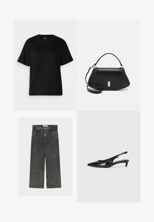 Black cotton t-shirt with a crew neckline, short sleeves, and an embroidered logo on the chest. Simple, relaxed fit with no patterns.; Wide-leg jeans in dark grey denim with a textured finish, featuring a button closure, belt loops, and front pockets.; Black leather slingback heels with a pointed toe, featuring a slim heel and a gold-tone accent on the adjustable strap. Smooth texture.; Black leather handbag with a structured design, featuring a cropped shape, top handle, and gold hardware accent. Adjustable shoulder strap included.
