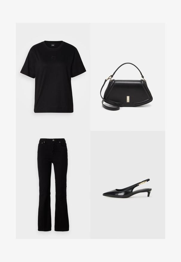 Maglietta in cotone nera con scollatura tonda, maniche corte e logo ricamato sul petto. Design semplice e vestibilità rilassata senza motivi.; Jeans neri a campana realizzati in robusto tessuto di cotone. Caratterizzati da una vita alta, tasche frontali e accessori in metallo argentato sui bottoni e sulle tasche.; Tacchi slingback in pelle nera con punta affusolata, caratterizzati da un tacco alto e un accento dorato sulla cinghia regolabile. Texture liscia.; Borsa a mano in pelle nera con un design strutturato, caratterizzata da una forma corta, manico superiore e accessori in metallo dorato. Inclusa tracolla regolabile.