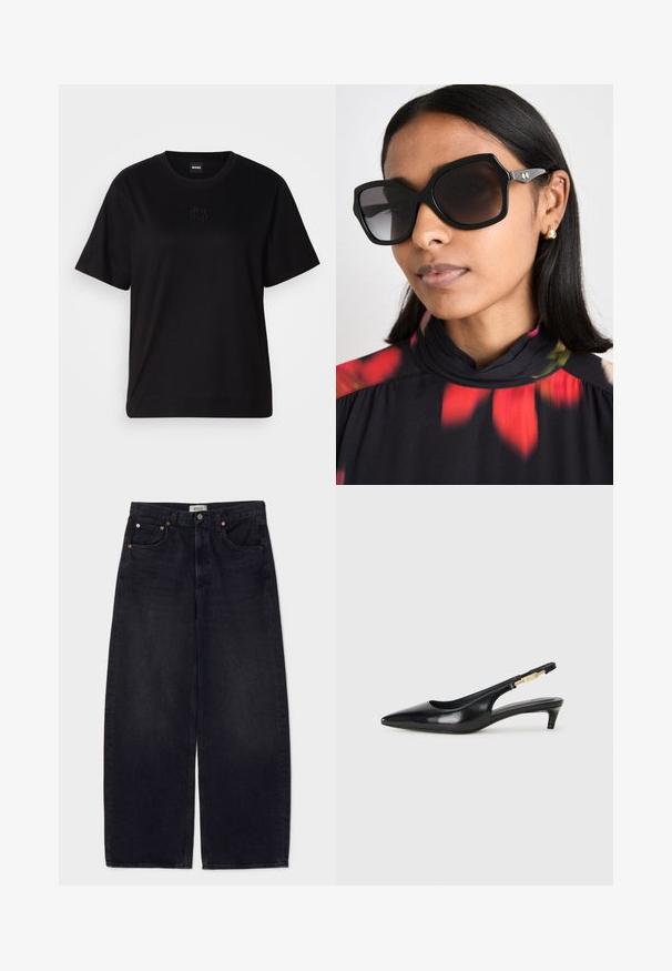 Črna bombažna majica s krožnim izrezom, kratkimi rokavi in izvezenim logotipom na prsih. Preprosta, sproščena silhueta brez vzorcev.; Široke črne jeans hlače iz denima s bakrenimi gumbi, dvema sprednjima žepoma in gladko teksturo. Čist dizajn s ravnim krojem.; Črne usnjene sandale na peto z ostro konico, ki imajo tanko peto in zlat ton na nastavljivem traku. Gladka tekstura.; Črne prevelike sončne očala z geometrijskim okvirjem, temno tintanimi lečami in zlatimi detajli, nosene z vrhom s cvetličnim vzorcem in visokim ovratnikom.