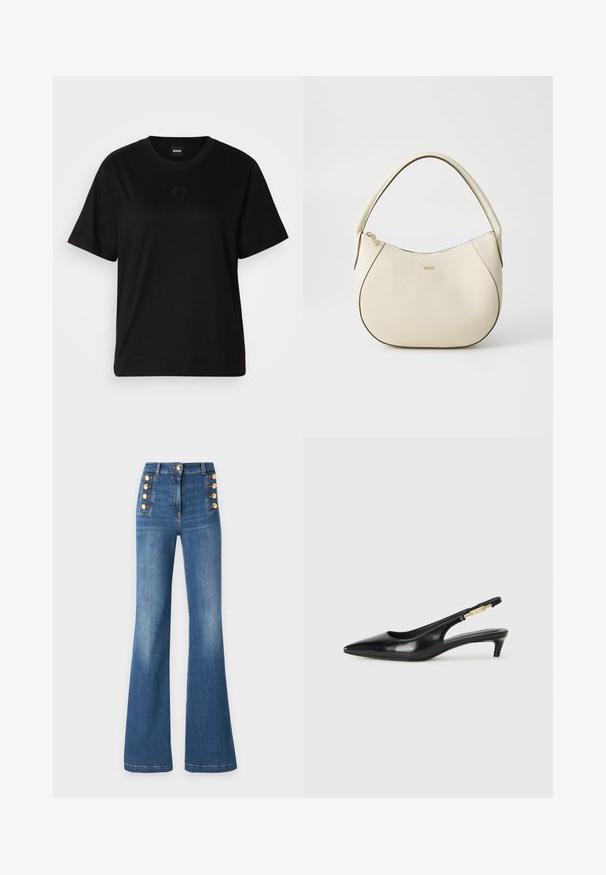 Μαύρο βαμβακερό μπλουζάκι με στρογγυλή λαιμόκοψη, κοντά μανίκια και κεντημένο λογότυπο στο στήθος. Απλή, χαλαρή γραμμή χωρίς σχέδια.; Ψηλόμεσο flared τζιν σε μεσαίο μπλε ντένιμ, με χρυσά κουμπιά στο πλάι και λεία υφή.; Μαύρες δερμάτινες γόβες slingback με μυτερή μύτη, διαθέτοντας λεπτό τακούνι και χρυσή λεπτομέρεια στην ρυθμιζόμενη λωρίδα. Λείος υφές.; Κρεμ τσάντα χειρός με υφή, καμπύλη σχήμα, κοντό χερούλι και χρυσό λογότυπο. Κλείσιμο με φερμουάρ στην κορυφή.