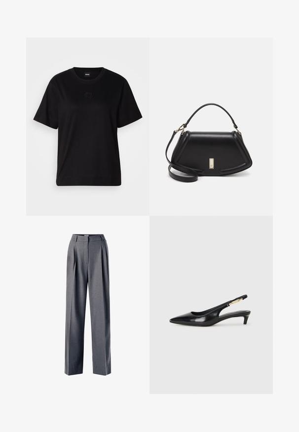 Zwarte katoenen t-shirt met een ronde hals, korte mouwen en een geborduurd logo op de borst. Eenvoudige, comfortabele pasvorm zonder patronen.; Grijze op maat gemaakte broek met een geplooide voorkant, wijd beenontwerp en een gladde textuur, voorzien van een platte tailleband en zijzakken.; Zwarte leren slingback hakken met een spitse neus, voorzien van een slanke hak en een goudkleurige accent op de verstelbare band. Gladde textuur.; Zwarte leren handtas met een gestructureerd ontwerp, featuring een verkorte vorm, bovenhandvat en gouden hardwareaccent. Inclusief verstelbare schouderband.