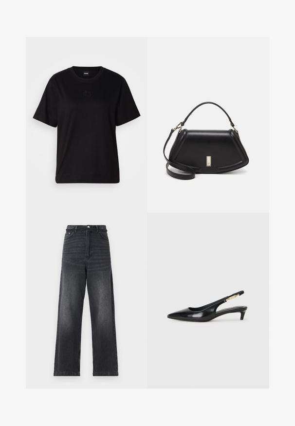 Czarny bawełniany t-shirt z okrągłym dekoltem, krótkimi rękawami i haftowanym logo na piersi. Prosty, luźny krój bez wzorów.; Czarne dżinsy o szerokich nogawkach i wysokim stanie, z zapięciem na guzik, pięcioma kieszeniami i subtelnym wyblaknięciem wzdłuż nóg.; Czarne skórzane szpilki typu slingback z ostrym noskiem, posiadające smukły obcas i złoty akcent na regulowanym pasku. Gładka tekstura.; Czarna skórzana torebka o strukturalnym designie, z przyciętą formą, górnym uchwytem i złotymi akcentami. W zestawie regulowany pasek na ramię.