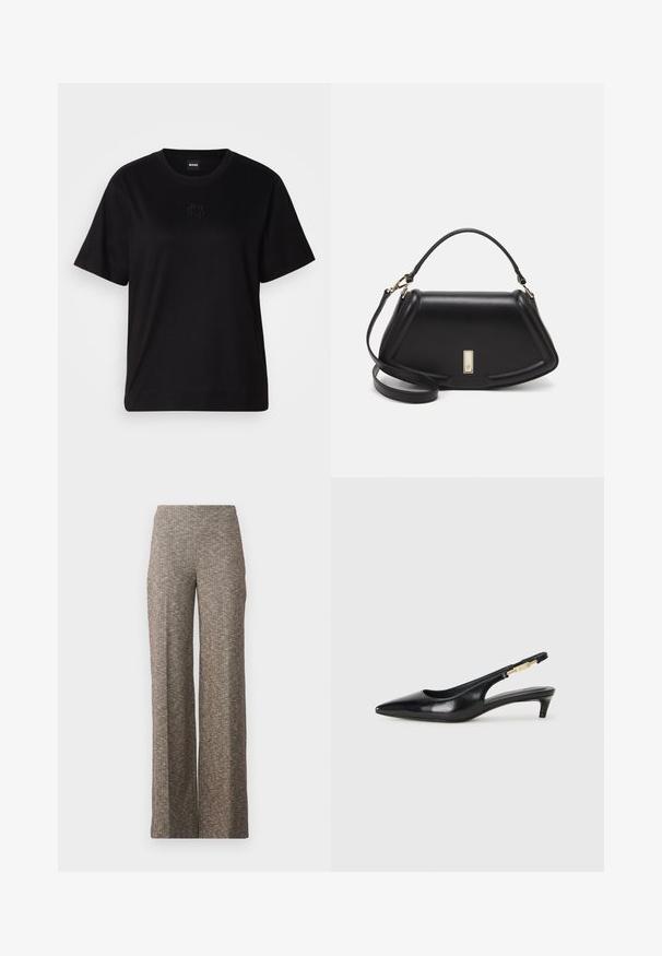 Black cotton t-shirt with a crew neckline, short sleeves, and an embroidered logo on the chest. Simple, relaxed fit with no patterns.; Wide-leg trousers in a textured brown fabric featuring a subtle herringbone pattern. Elastic waistband for comfort, straight-leg design.; Black leather slingback heels with a pointed toe, featuring a slim heel and a gold-tone accent on the adjustable strap. Smooth texture.; Black leather handbag with a structured design, featuring a cropped shape, top handle, and gold hardware accent. Adjustable shoulder strap included.
