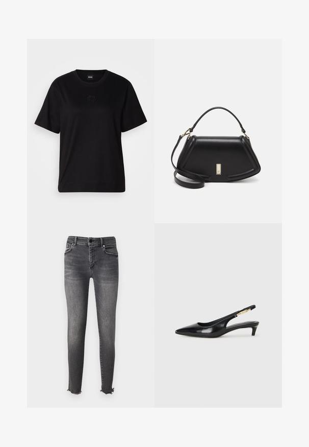 Camiseta de algodón negra con cuello redondo, mangas cortas y un logo bordado en el pecho. Ajuste simple y relajado sin patrones.; AllSaints MILLER - Vaqueros pitillo - washed black; Tacones negros de piel sintética tipo slingback con punta afilada, que cuentan con un tacón delgado y un detalle en tono dorado en la correa ajustable. Textura suave.; Bolso de mano de cuero negro con un diseño estructurado, que presenta una forma recortada, asa superior y acentos en dorado. Correa de hombro ajustable incluida.
