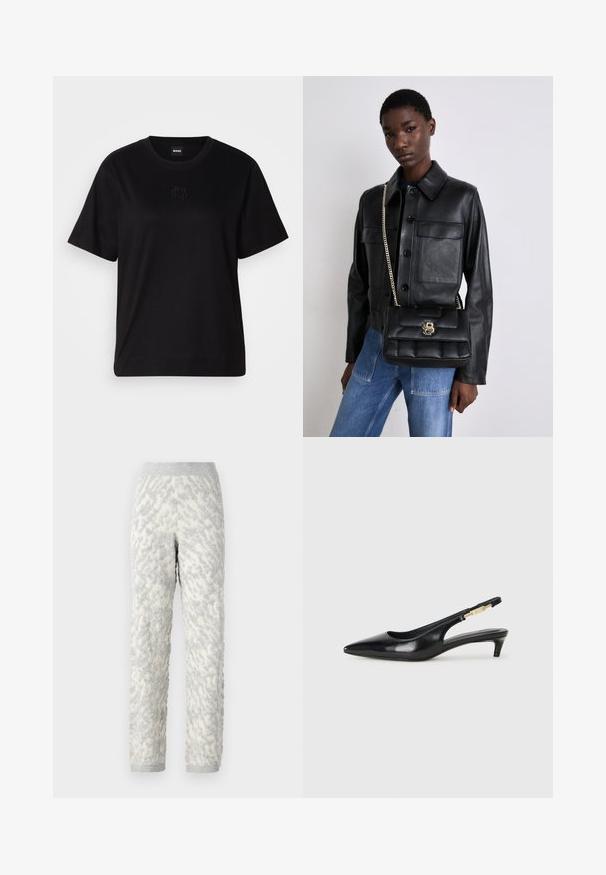 T-shirt negru din bumbac, cu guler rotund, mâneci scurte și un logo brodat pe piept. Design simplu, cu o croială relaxată și fără modele.; Pantaloni lounge texturizați în ivory cu motive gri, având un material moale, talie elastică și manșete ribbate.; Sandale slingback din piele neagră cu vârf ascuțit, având un toc subțire și un accent de culoare aurie pe curea ajustabilă. Textură netedă.; Jachetă din piele neagră cu închidere cu nasturi și două buzunare frontale, asortată cu o geantă de mână neagră matlasată, care dispune de un închizător aurie și un brâu din lanț.
