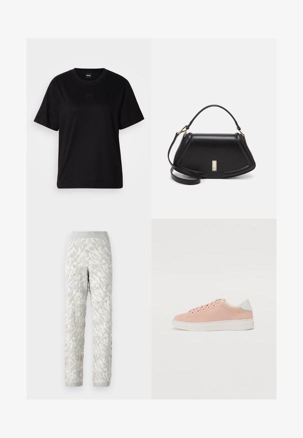 Black cotton t-shirt with a crew neckline, short sleeves, and an embroidered logo on the chest. Simple, relaxed fit with no patterns.; Textured lounge pants in ivory with gray patterns, featuring a soft fabric, elastic waistband, and ribbed cuffs.; Light pink suede sneaker with white rubber sole, rounded toe, and white heel accent. Features flat laces and minimal branding on the side.; Black leather handbag with a structured design, featuring a cropped shape, top handle, and gold hardware accent. Adjustable shoulder strap included.