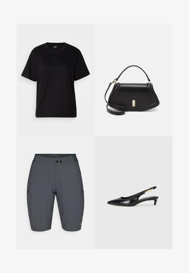 Black cotton t-shirt with a crew neckline, short sleeves, and an embroidered logo on the chest. Simple, relaxed fit with no patterns.; Dark gray shorts with a smooth, stretchy fabric. Features a wide waistband with two black buttons and angled side pockets.; Black leather slingback heels with a pointed toe, featuring a slim heel and a gold-tone accent on the adjustable strap. Smooth texture.; Black leather handbag with a structured design, featuring a cropped shape, top handle, and gold hardware accent. Adjustable shoulder strap included.