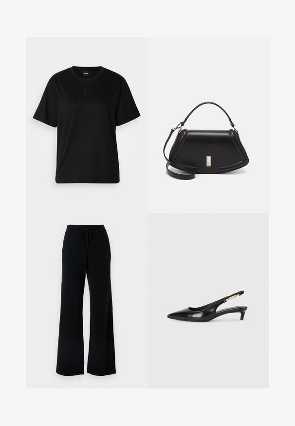 Black cotton t-shirt with a crew neckline, short sleeves, and an embroidered logo on the chest. Simple, relaxed fit with no patterns.; Black wide-leg pants in soft fabric with a drawstring waistband. Features a smooth texture and no visible patterns or accents.; Black leather slingback heels with a pointed toe, featuring a slim heel and a gold-tone accent on the adjustable strap. Smooth texture.; Black leather handbag with a structured design, featuring a cropped shape, top handle, and gold hardware accent. Adjustable shoulder strap included.