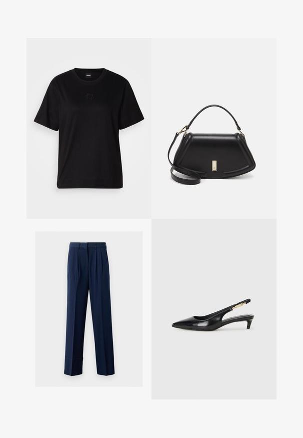 Zwarte katoenen t-shirt met een ronde hals, korte mouwen en een geborduurd logo op de borst. Eenvoudige, comfortabele pasvorm zonder patronen.; Marineblauwe, op maat gemaakte broek met plooien, rechte pijpontwerp, gemaakt van lichte stof. Voorzien van een tailleband met riemlussen.; Zwarte leren slingback hakken met een spitse neus, voorzien van een slanke hak en een goudkleurige accent op de verstelbare band. Gladde textuur.; Zwarte leren handtas met een gestructureerd ontwerp, featuring een verkorte vorm, bovenhandvat en gouden hardwareaccent. Inclusief verstelbare schouderband.