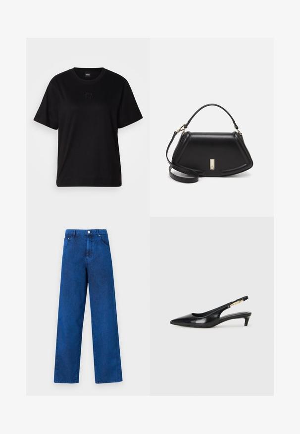Black cotton t-shirt with a crew neckline, short sleeves, and an embroidered logo on the chest. Simple, relaxed fit with no patterns.; Blue denim wide-leg pants with a high waist, featuring stitching details, front pockets, and a metal button closure.; Black leather slingback heels with a pointed toe, featuring a slim heel and a gold-tone accent on the adjustable strap. Smooth texture.; Black leather handbag with a structured design, featuring a cropped shape, top handle, and gold hardware accent. Adjustable shoulder strap included.