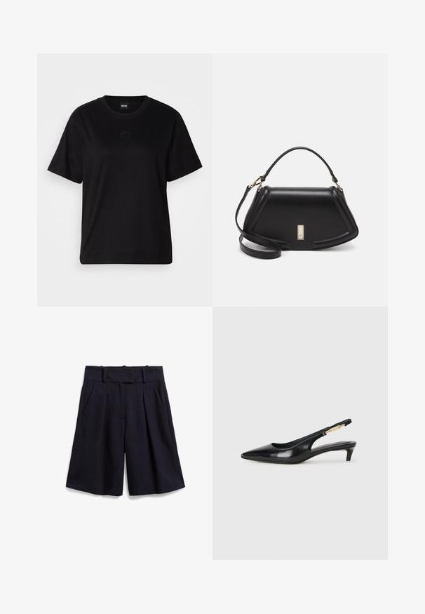 Svart bomullströja med rund halsringning, korta ärmar och en broderad logotyp på bröstet. Enkel, avslappnad passform utan mönster.; Marinblå shorts gjorda av ett texturerat tyg, med en hög midja, veck och sidofickor för funktionalitet.; Svart läder slingback-hälar med spetsig tå, med en smal klack och en guldtonad detalj på den justerbara remmen. Slät textur.; Svart läderhandväska med en strukturerad design, som har en avskuren form, ett handtag upptill och guldiga detaljer. Justerbar axelrem ingår.
