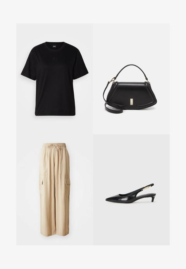 Black cotton t-shirt with a crew neckline, short sleeves, and an embroidered logo on the chest. Simple, relaxed fit with no patterns.; Beige wide-leg cargo pants made from a lightweight fabric. Features an elastic waistband, drawstring, and side pockets with flaps.; Black leather slingback heels with a pointed toe, featuring a slim heel and a gold-tone accent on the adjustable strap. Smooth texture.; Black leather handbag with a structured design, featuring a cropped shape, top handle, and gold hardware accent. Adjustable shoulder strap included.