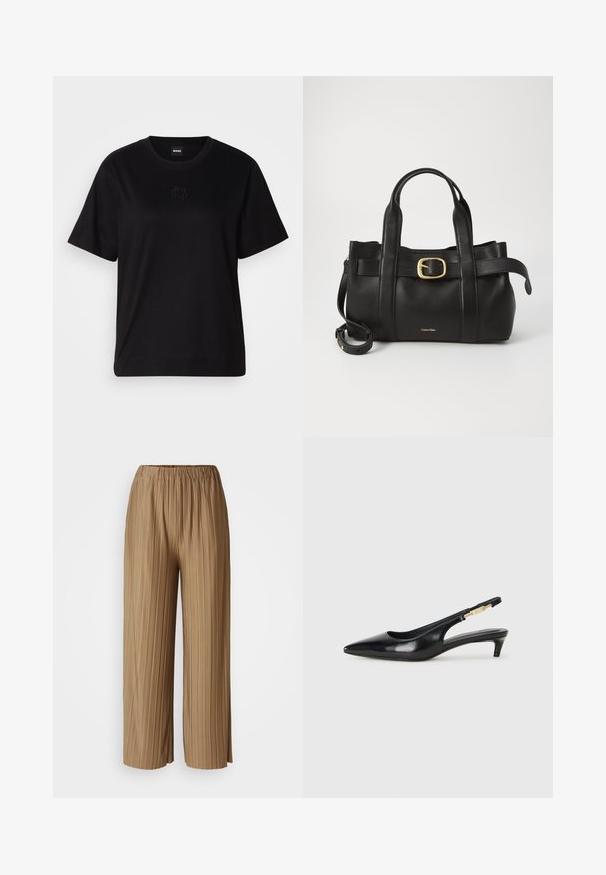 T-shirt de algodão preto com decote redondo, mangas curtas e um logótipo bordado no peito. Corte simples e descontraído, sem padrões.; Calças largas de perna larga em tom castanho com cintura elástica. Feitas de um tecido leve, apresentam riscas verticais para textura e fluidez.; Saltos slingback em couro preto com bico fino, apresentando um salto esguio e um detalhe em tom dourado na alça ajustável. Textura suave.; Bolsa de couro preto com um design estruturado, alças superiores duplas, detalhe de fivela em tom dourado e logotipo da marca em relevo na frente.