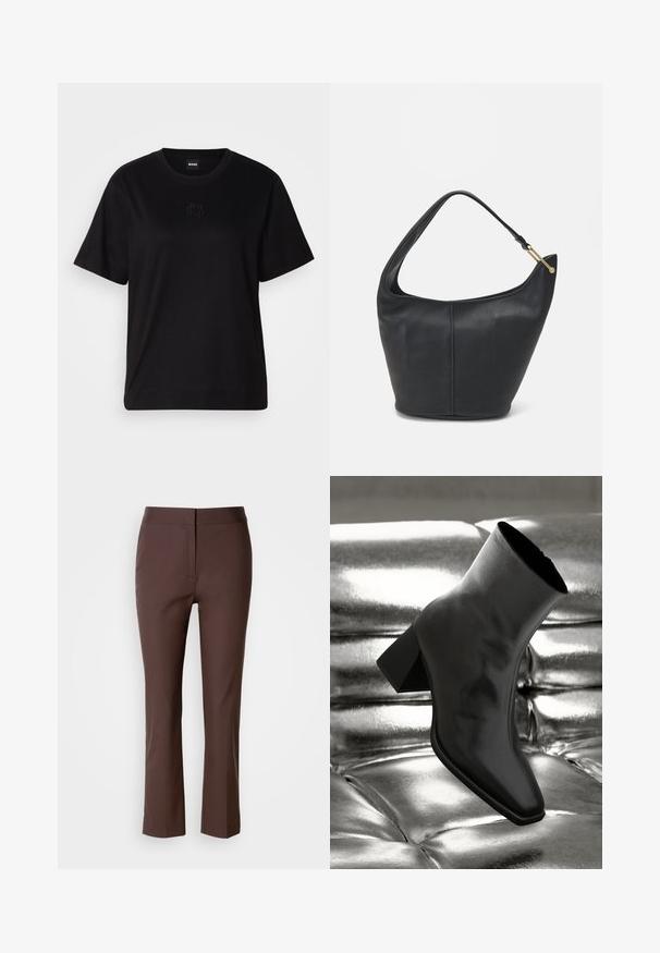 Sort bomulds t-shirt med rund halsudskæring, korte ærmer og et broderet logo på brystet. Enkel, afslappet pasform uden mønstre.; Brune skræddersyede bukser med smal pasform, der har flad front, subtile sidelommer og et glat, let strækbart stof.; Sorte ankelstøvler lavet af glossy materiale med firkantet tå og spidse hæle, sat mod en skinnende sølv tuftet baggrund.; Sort læderhandtaske med en rund form, bred rem og textured finish. Har en subtil sømdetalje og en hardware i gyldent tone.