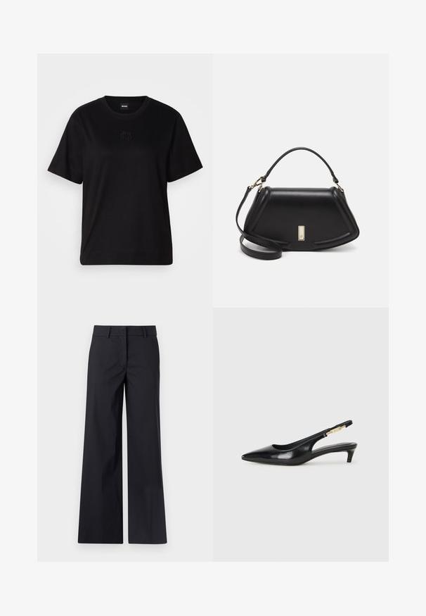 Black cotton t-shirt with a crew neckline, short sleeves, and an embroidered logo on the chest. Simple, relaxed fit with no patterns.; Black wide-leg trousers made from cotton-blend fabric. Features a flat front, belt loops, and side pockets. Smooth texture, tailored design.; Black leather slingback heels with a pointed toe, featuring a slim heel and a gold-tone accent on the adjustable strap. Smooth texture.; Black leather handbag with a structured design, featuring a cropped shape, top handle, and gold hardware accent. Adjustable shoulder strap included.