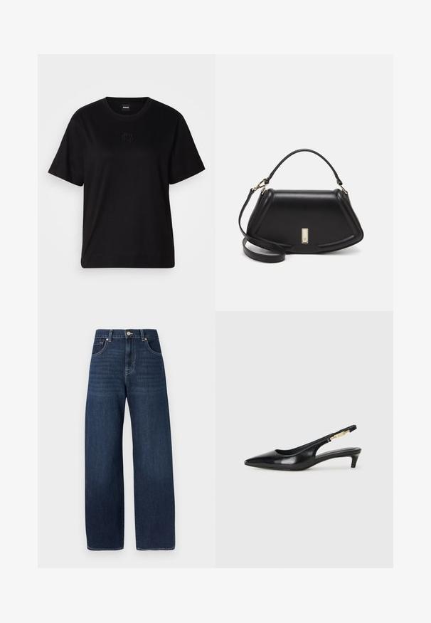 Camiseta de algodón negra con cuello redondo, mangas cortas y un logo bordado en el pecho. Ajuste simple y relajado sin patrones.; Jeans de mezclilla oscura de pierna ancha con textura suave, con cierre de botones, diseño de cinco bolsillos y detalles de costura sutiles.; Tacones negros de piel sintética tipo slingback con punta afilada, que cuentan con un tacón delgado y un detalle en tono dorado en la correa ajustable. Textura suave.; Bolso de mano de cuero negro con un diseño estructurado, que presenta una forma recortada, asa superior y acentos en dorado. Correa de hombro ajustable incluida.