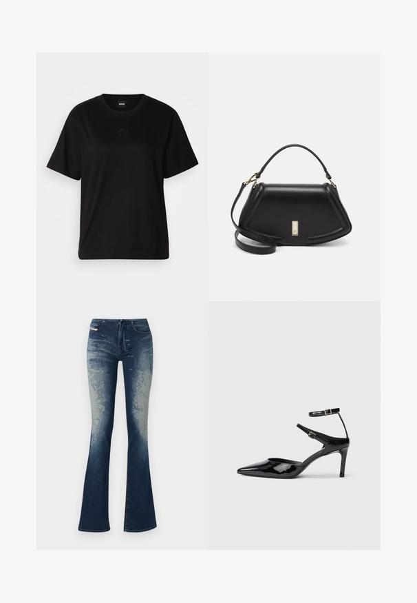 Camiseta de algodón negra con cuello redondo, mangas cortas y un logo bordado en el pecho. Ajuste simple y relajado sin patrones.; Jeans de mezclilla acampanados con un lavado azul oscuro y un ligero desvanecimiento, superficie texturizada y cremallera. Diseño de cinco bolsillos con etiqueta de la marca.; Tacones de charol negros con puntera puntiaguda, correas ajustables en el tobillo y un tacón delgado. Textura suave con un acabado brillante.; Bolso de mano de cuero negro con un diseño estructurado, que presenta una forma recortada, asa superior y acentos en dorado. Correa de hombro ajustable incluida.