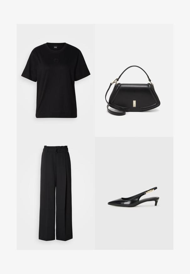 Black cotton t-shirt with a crew neckline, short sleeves, and an embroidered logo on the chest. Simple, relaxed fit with no patterns.; Black wide-leg trousers with a high waist, featuring a belt with a buckle and two front pleats for added structure. Smooth texture.; Black leather slingback heels with a pointed toe, featuring a slim heel and a gold-tone accent on the adjustable strap. Smooth texture.; Black leather handbag with a structured design, featuring a cropped shape, top handle, and gold hardware accent. Adjustable shoulder strap included.