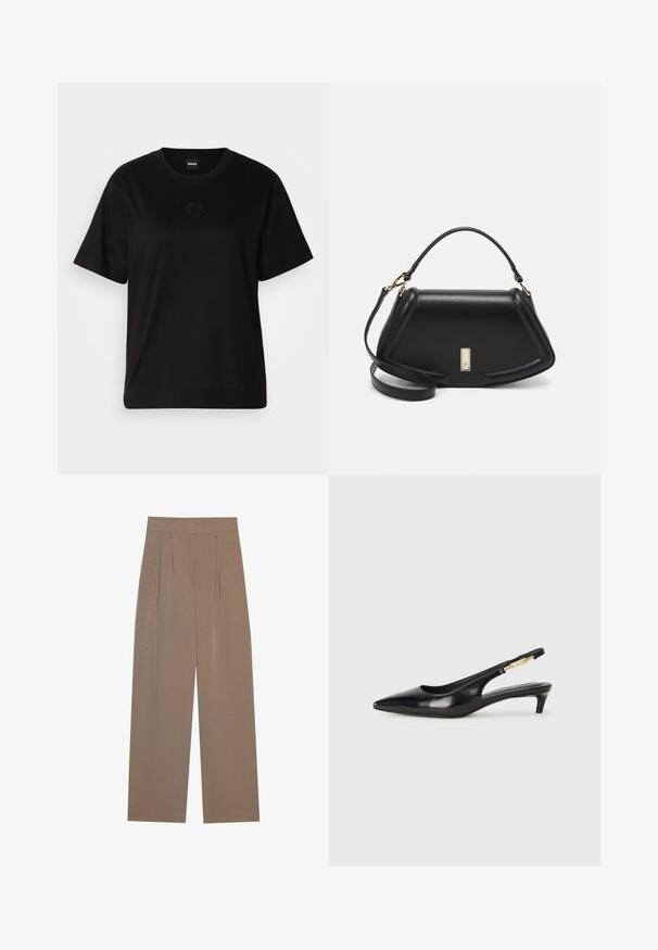 Zwarte katoenen t-shirt met een ronde hals, korte mouwen en een geborduurd logo op de borst. Eenvoudige, comfortabele pasvorm zonder patronen.; Bruine geplooide broek met een wijde pijp, voorzien van een platte tailleband en zijzakken, gemaakt van een lichtgewicht stof.; Zwarte leren slingback hakken met een spitse neus, voorzien van een slanke hak en een goudkleurige accent op de verstelbare band. Gladde textuur.; Zwarte leren handtas met een gestructureerd ontwerp, featuring een verkorte vorm, bovenhandvat en gouden hardwareaccent. Inclusief verstelbare schouderband.