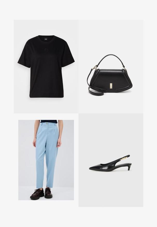 Schwarzes Baumwoll-T-Shirt mit Rundhalsausschnitt, kurzen Ärmeln und aufgesticktem Logo auf der Brust. Einfacher, lässiger Schnitt ohne Muster.; Helle blaue, maßgeschneiderte Hose mit Bügelfalten, versehen mit einem Knopfverschluss und Taschen. Kombiniert mit dunklen, geschnürten Schuhen und einem dunklen Oberteil.; Schwarze Leder-Slingback-Pumps mit spitzem Schuhblatt, ausgestattet mit einem schlanken Absatz und einem goldfarbigen Akzent am verstellbaren Riemen. Glatte Textur.; Schwarze Lederhandtasche mit einem strukturierten Design, das eine verkürzte Form, einen oberen Griff und goldfarbene Hardware-Details aufweist. Verstellbarer Schulterriemen ist enthalten.