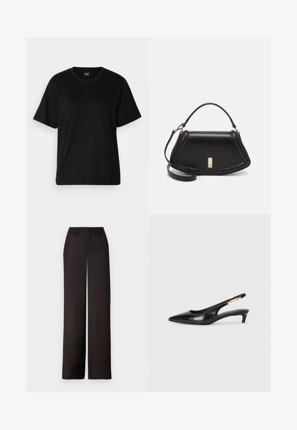 Crna pamučna majica s okruglim izrezom, kratkim rukavima i izvezenim logotipom na prsima. Jednostavan, opušten kroj bez uzorka.; Crne hlače širokih nogavica s ravnim prednjim dijelom, petljama za pojas i glatkom teksturom, dizajnirane za prilagođeni kroj. Bez vidljivih metalnih dijelova ili uzoraka.; Crne kožne sandale s petom, s izduženim vrhom, imaju usku petu i zlatni akcent na podesivoj traci. Glatka tekstura.; Crna kožna torba s strukturiranim dizajnom, s krojenim oblikom, gornjom drškom i zlatnim detaljima. Uključena je podesiva ramena traka.