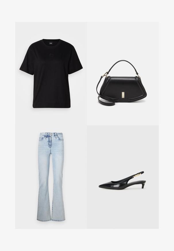 Čierne bavlnené tričko s okrúhlym výstrihom, krátkymi rukávmi a vyšívaným logom na hrudi. Jednoduchý, voľný strih bez vzorov.; Svetlomodré rozšírené džínsy vyrobené z denimu, s vysokým pásom, dizajnom piatich vreciek a jemným blednutím pozdĺž predných a zadných švov.; Čierne kožené slingback opätky s špicatou špičkou, s úzkym opätkom a zlatým detailom na nastaviteľnom remienku. Hladká textúra.; Čierna kožená kabelka so štruktúrovaným dizajnom, s krátkym tvarom, hornou rúčkou a zlatými prvkami. Súčasťou je nastaviteľný ramenný popruh.