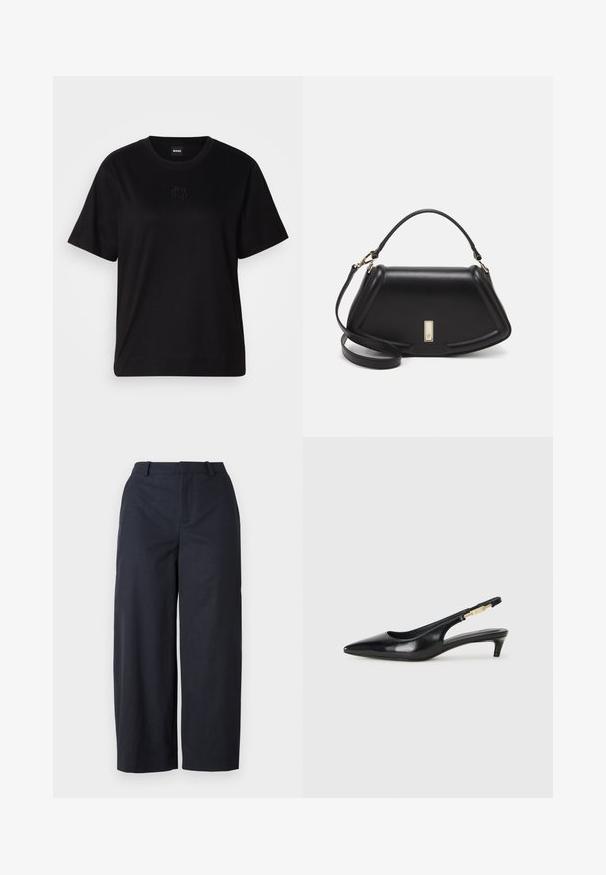 Zwarte katoenen t-shirt met een ronde hals, korte mouwen en een geborduurd logo op de borst. Eenvoudige, comfortabele pasvorm zonder patronen.; Marineblauwe wijde broek met een gladde textuur, een platte voorkant en een tailleband. Gemaakt van lichte stof, met een ontspannen pasvorm.; Zwarte leren slingback hakken met een spitse neus, voorzien van een slanke hak en een goudkleurige accent op de verstelbare band. Gladde textuur.; Zwarte leren handtas met een gestructureerd ontwerp, featuring een verkorte vorm, bovenhandvat en gouden hardwareaccent. Inclusief verstelbare schouderband.