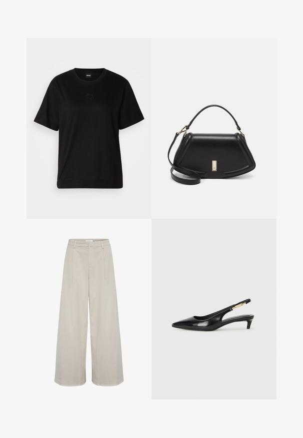 Maglietta in cotone nera con scollatura tonda, maniche corte e logo ricamato sul petto. Design semplice e vestibilità rilassata senza motivi.; Pantaloni a gamba larga di un beige chiaro realizzati in tessuto liscio, con vita alta, due pince frontali e orli puliti cuciti.; Tacchi slingback in pelle nera con punta affusolata, caratterizzati da un tacco alto e un accento dorato sulla cinghia regolabile. Texture liscia.; Borsa a mano in pelle nera con un design strutturato, caratterizzata da una forma corta, manico superiore e accessori in metallo dorato. Inclusa tracolla regolabile.