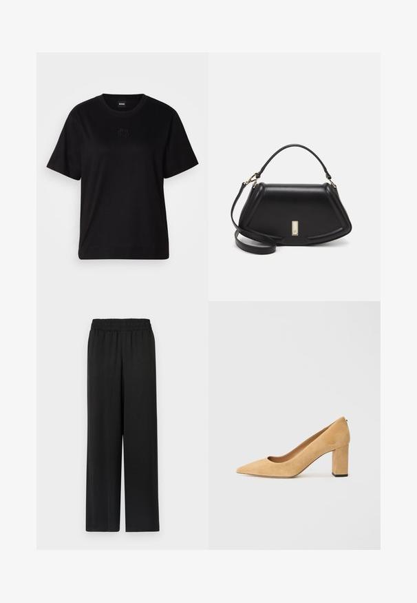 Sort bomulds t-shirt med rund halsudskæring, korte ærmer og et broderet logo på brystet. Enkel, afslappet pasform uden mønstre.; Sorte brede bukser med elastisk talje, lavet af et glat, let stof. Har en lige pasform og ingen synlige mønstre.; Beige ruskind højhælede pumper med spidse tæer og en kraftig blokhæl. Materialet har en blød tekstur med en glat overflade.; Sort læderhåndtaske med en struktureret design, der har en kortet form, tophåndtag og guld hardware-accenter. Justerbar skulderrem inkluderet.