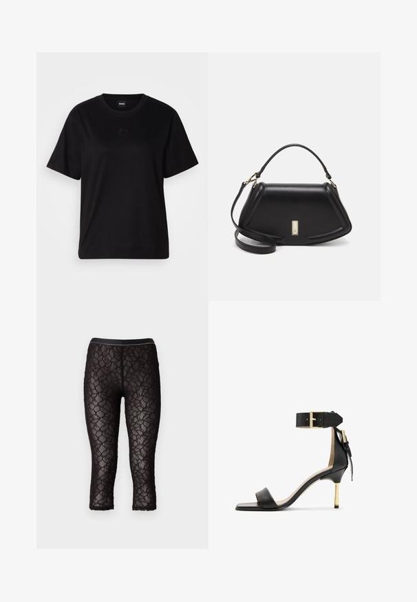 Juodas medvilninis marškinėliai su apvalia iškirpte, trumpomis rankovėmis ir siuvinėjimu ant krūtinės. Paprastas, laisvas siluetas be raštų.; Pinko LIAM STRETCH - Tamprės - nero limousine; Juodas odinis aukštakulnis šlepetės su kvadrato formos pirštu, kulkšnies dirželiu su auksiniu užsegimu ir liesu metaliniu kulnu. Lygus paviršius, minimalistinis dizainas.; Juoda odinė rankinė su struktūrizuotu dizainu, turi trumpą formą, viršutinę rankeną ir auksinius akcentus. Pridėtas reguliuojamas peties diržas.