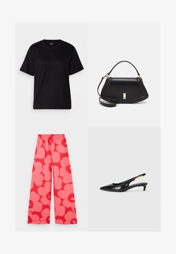 Crna pamučna majica s okruglim izrezom, kratkim rukavima i izvezenim logotipom na prsima. Jednostavan, opušten kroj bez uzorka.; Marimekko VOIMAKUKKA UNIKKO - Hlače - red/pink; Crne kožne sandale s petom, s izduženim vrhom, imaju usku petu i zlatni akcent na podesivoj traci. Glatka tekstura.; Crna kožna torba s strukturiranim dizajnom, s krojenim oblikom, gornjom drškom i zlatnim detaljima. Uključena je podesiva ramena traka.